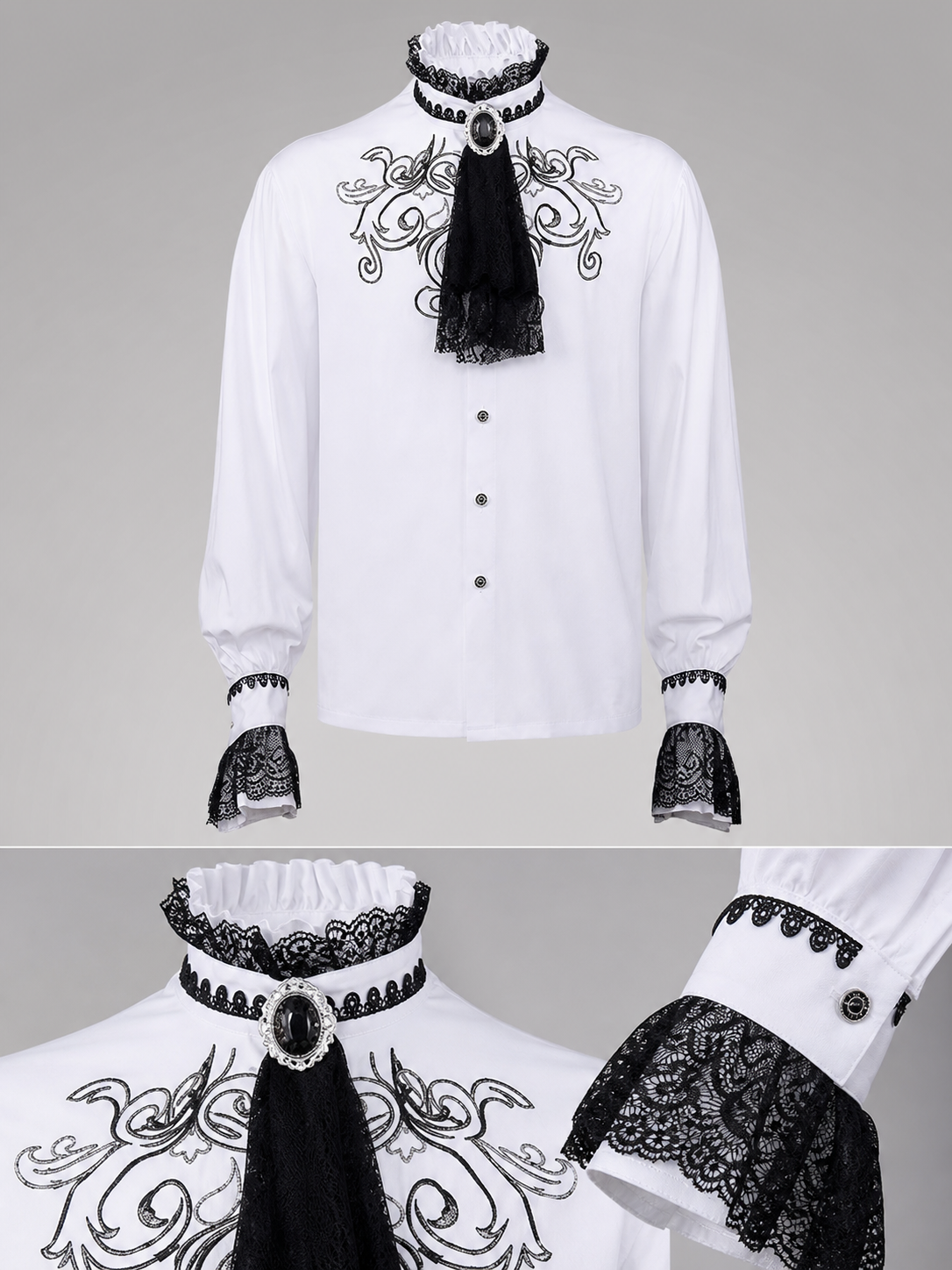 White Costume Shirt with Jabot and Embroidery