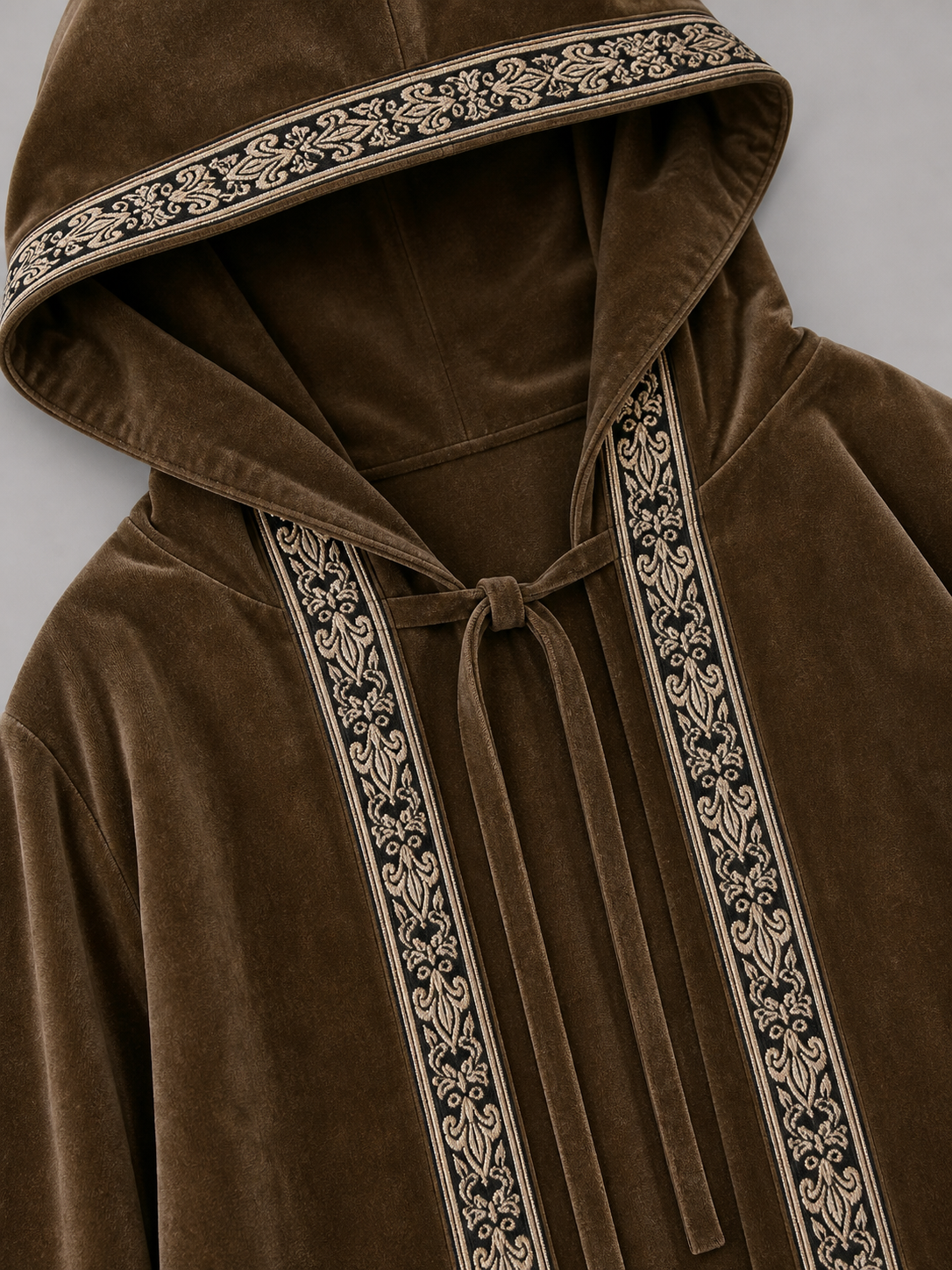 Long Hooded Robe, Brown, Loose Fit fabric detail 2