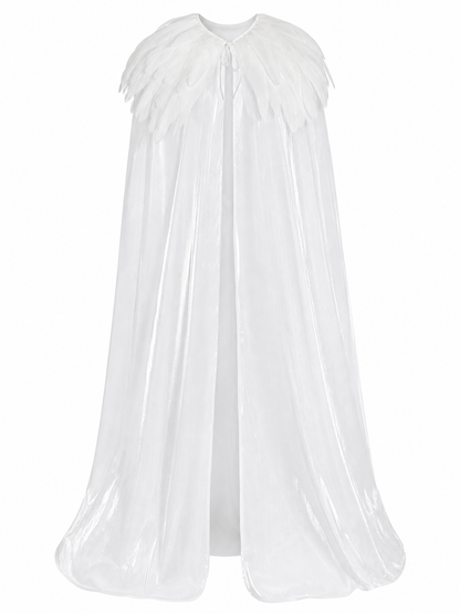 White Velvet Cape with Feather Trim, Maxi