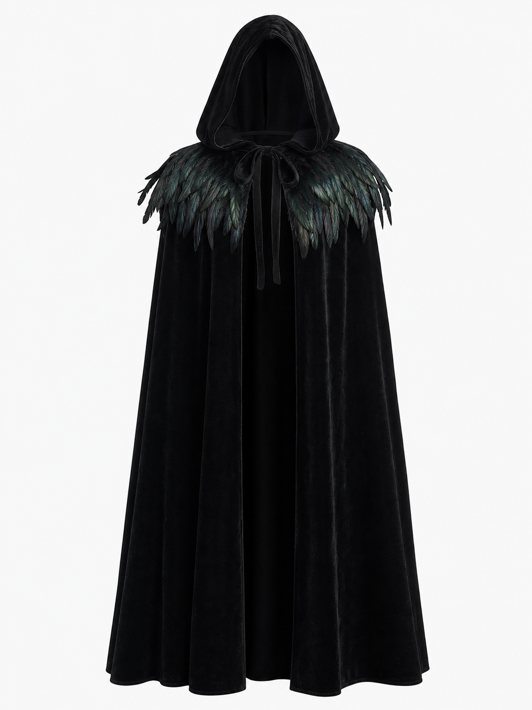 Black Velvet Hooded Cape with Feathers