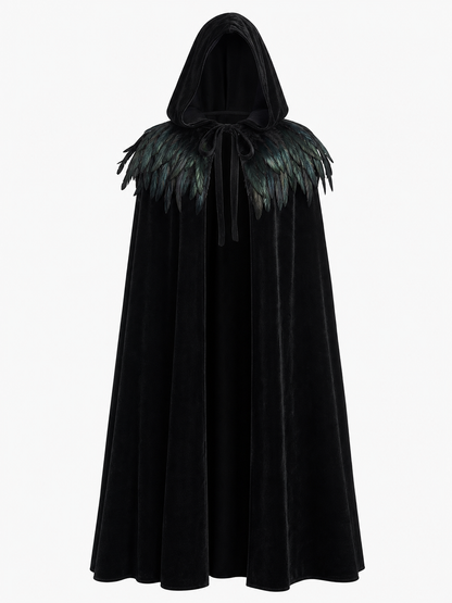 Black Velvet Hooded Cape with Feathers