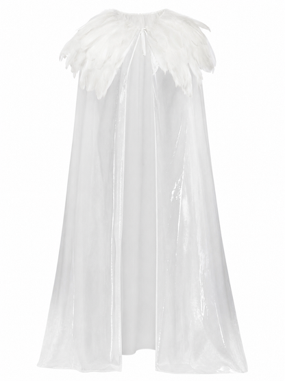 White Velvet Cape with Feather Trim, Maxi