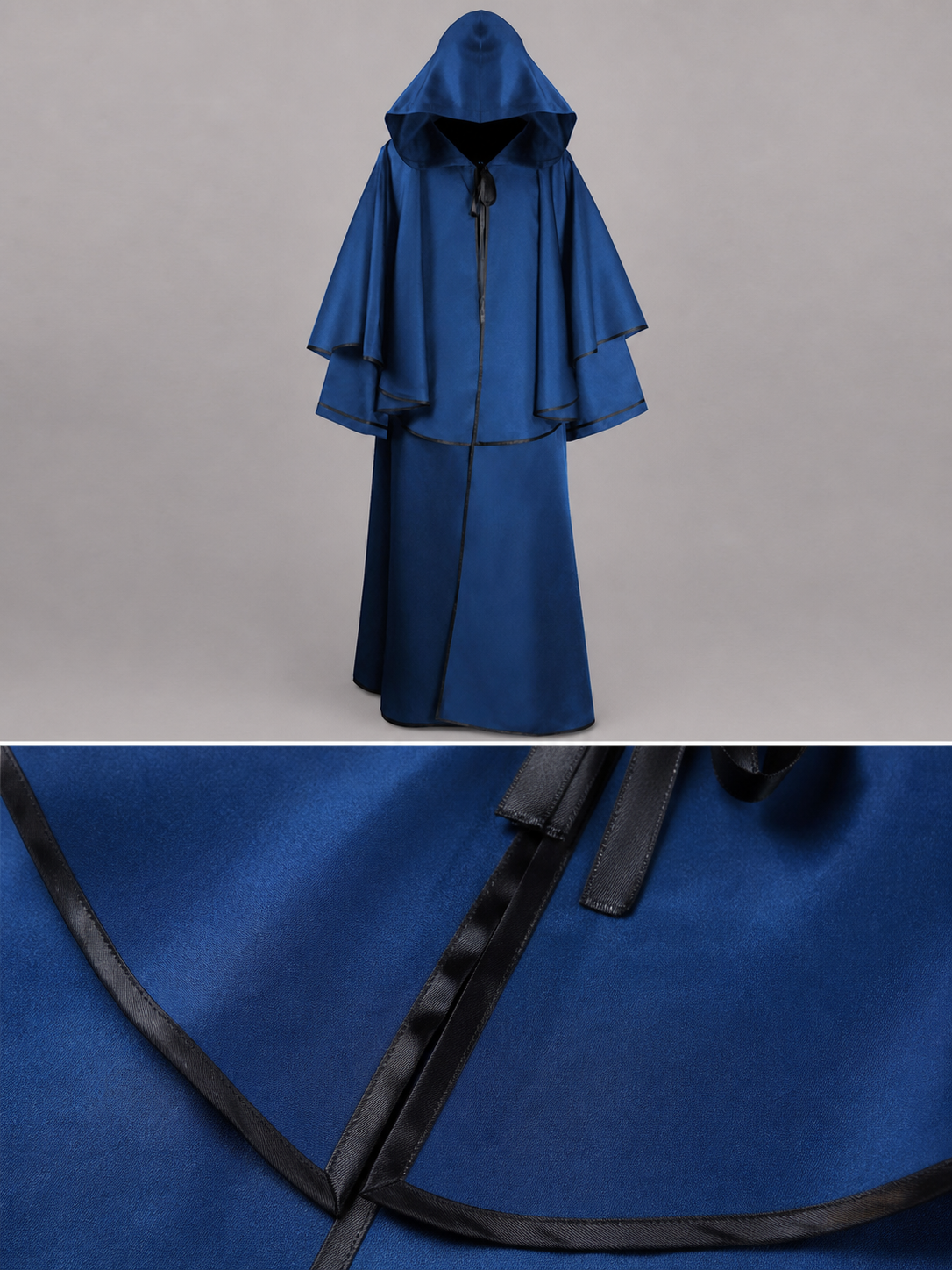 Blue hooded carnival cloak with black trim
