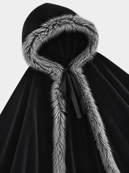 Black carnival cape with hood and shaggy trim