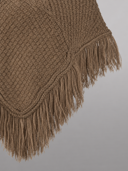 Triangle Hooded Cape with Fringe, Brown