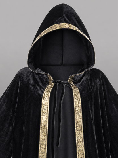 Black Carnival Cloak with Hood and Gold Trim