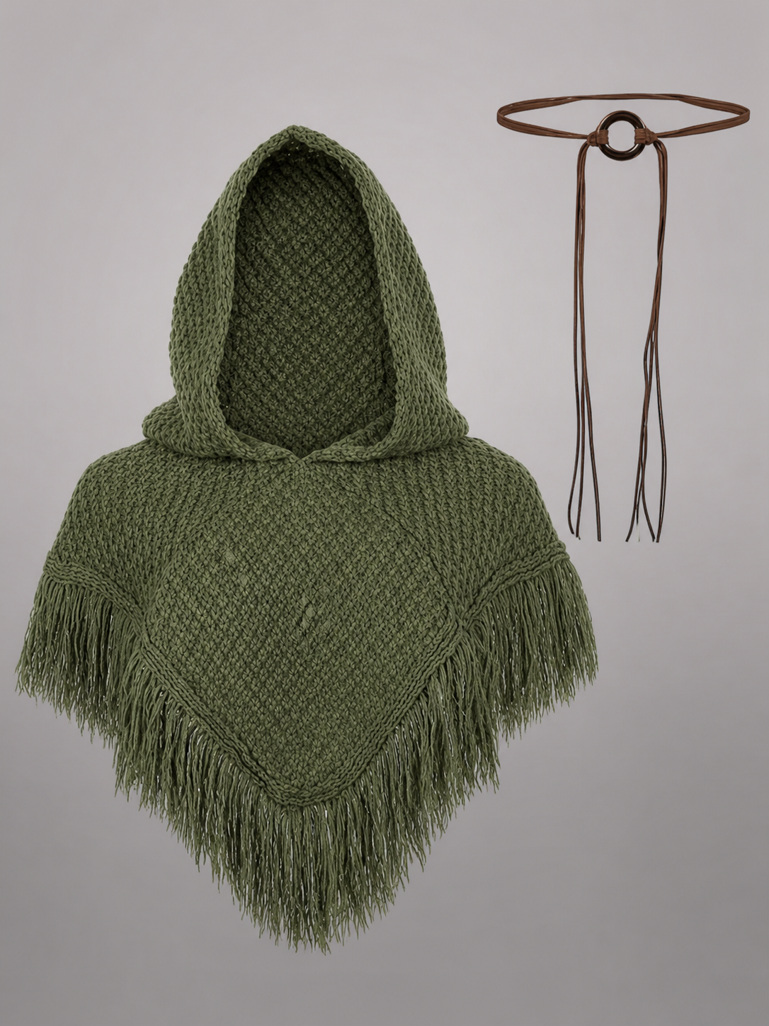 Triangular Hooded Poncho Cape with Belt