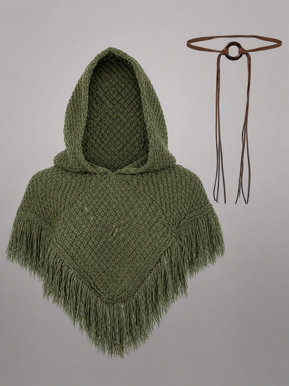 Triangular Hooded Poncho Cape with Belt
