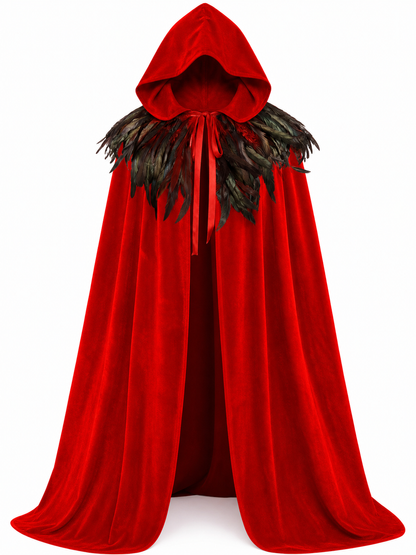 Red hooded feather-trimmed cape product view 21