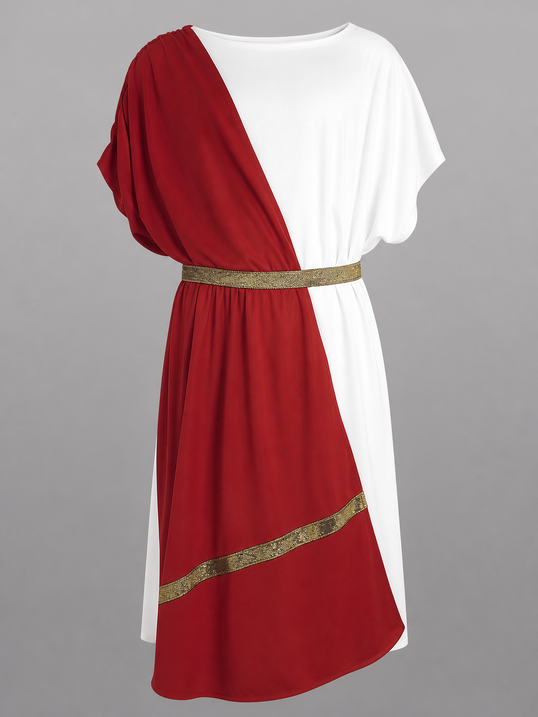 Red and white draped tunic with gold-tone belt and gold trim along the red panel, shown without a model