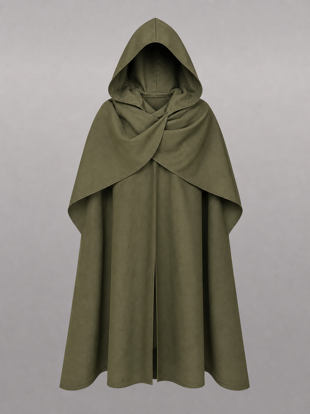Medieval Hooded Cloak, Olive Green Full-Length Cape with Pointed Hood and Front Tie for Cosplay and Role-Playing