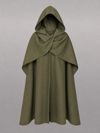 Medieval Hooded Cloak, Olive Green Full-Length Cape with Pointed Hood and Front Tie for Cosplay and Role-Playing