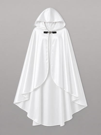 Long white hooded satin-look carnival cape product view 56