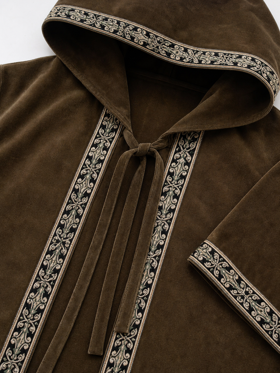 Long Hooded Robe, Brown, Loose Fit fabric detail 3