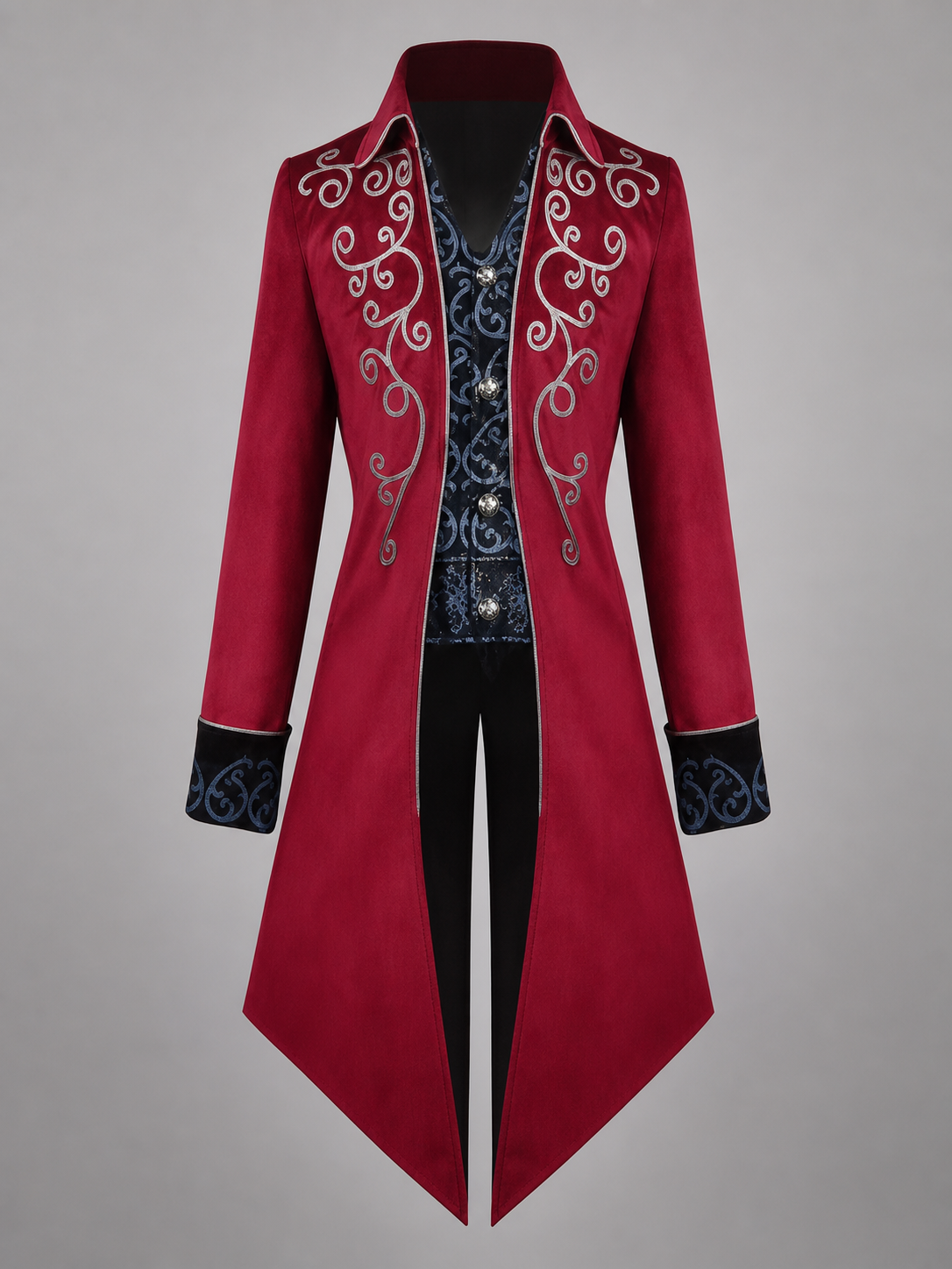 Burgundy tailcoat with embroidery and black panels