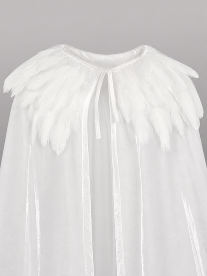 White Velvet Cape with Feather Trim, Maxi