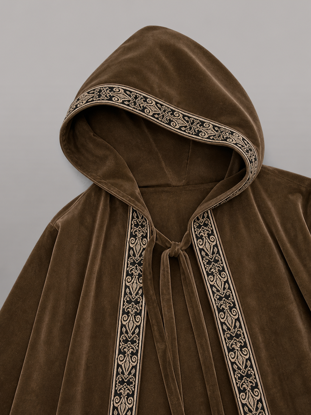 Long Hooded Robe, Brown, Loose Fit fabric detail 4