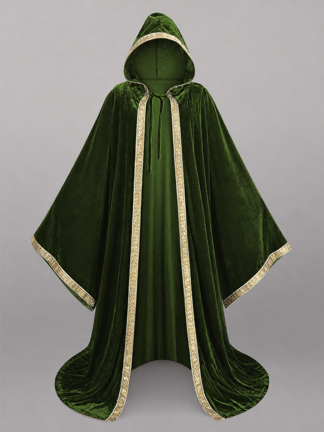 Green costume cloak with hood, gold trim
