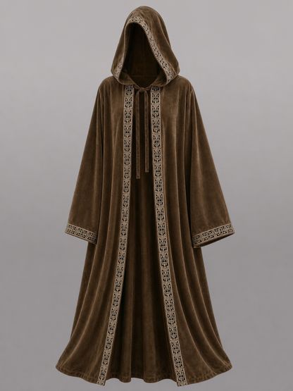 Long Hooded Robe, Brown, Loose Fit fabric detail 5