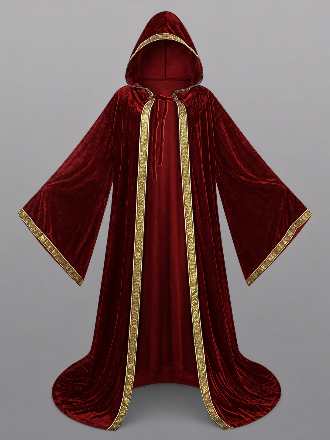 Burgundy carnival cape with hood and gold trim