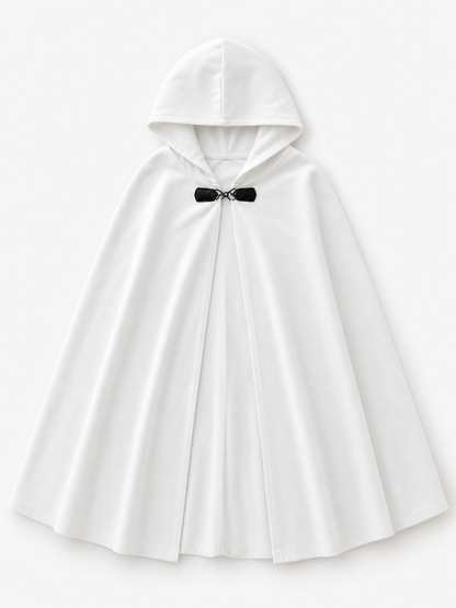 Medieval White Velvet Hooded Long Cloak Cape with Black Bow Tie Front Flared Hem