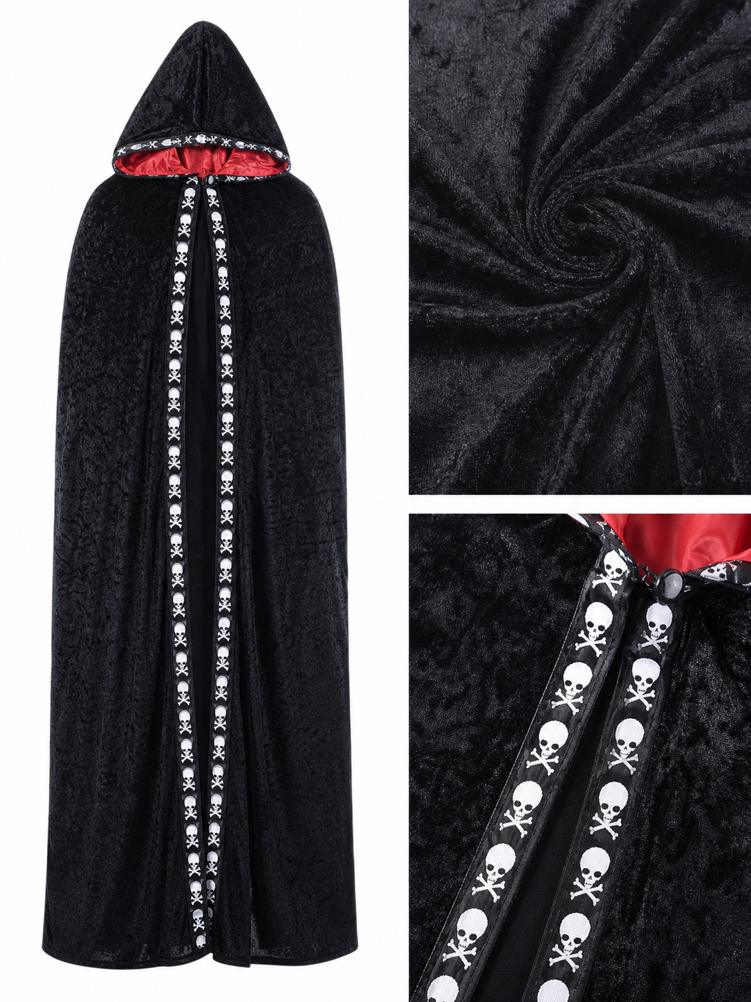 Black carnival cape with hood and skulls