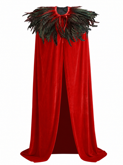 Red Velvet Cape with Feather Trim