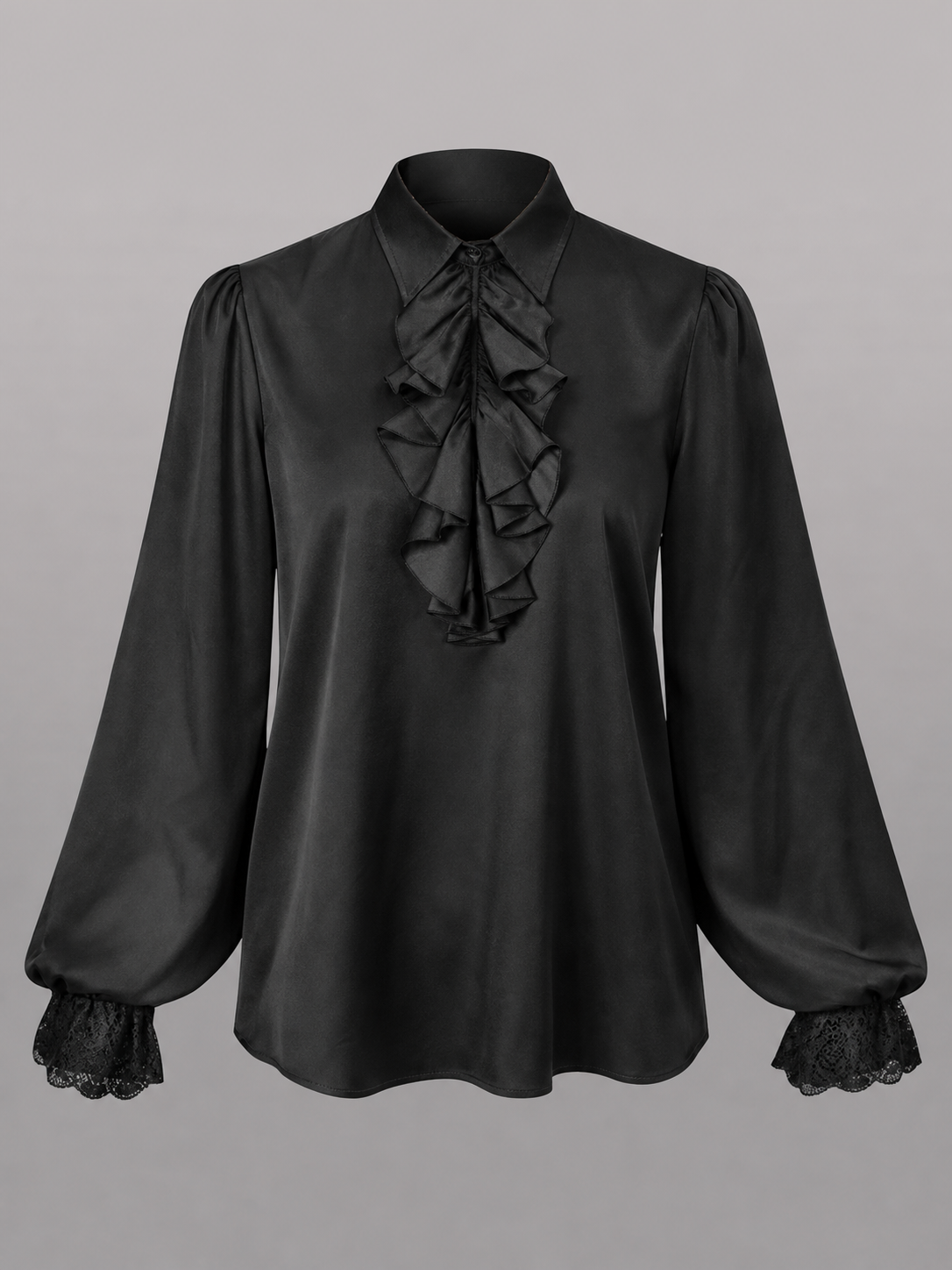 Black blouse with a high collar and ruffle