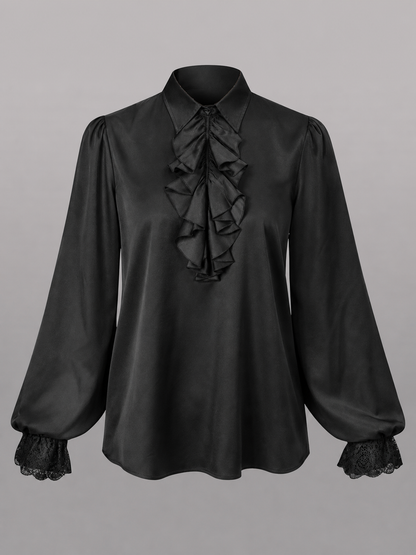 Black blouse with a high collar and ruffle