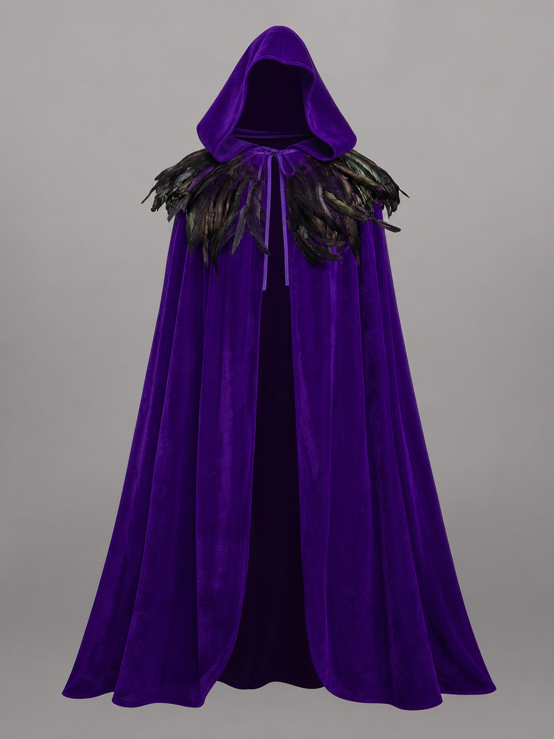 Purple hooded feather-trimmed velvet cape product view 29