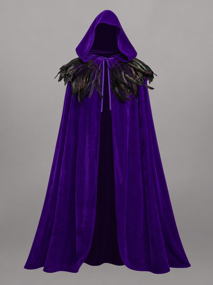 Purple hooded feather-trimmed velvet cape product view 29