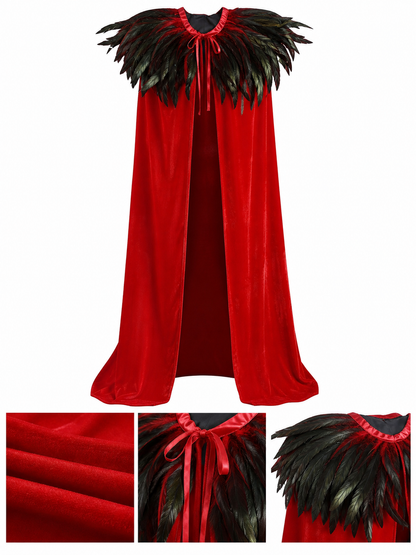 Red Velvet Cape with Feather Trim