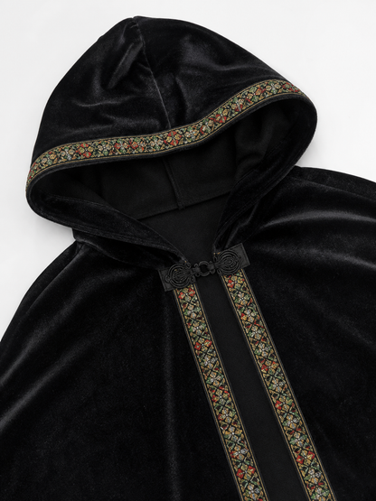 Black Costume Cloak with Hood and Trim