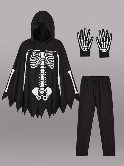 Skeleton Halloween Costume with Hood and Gloves