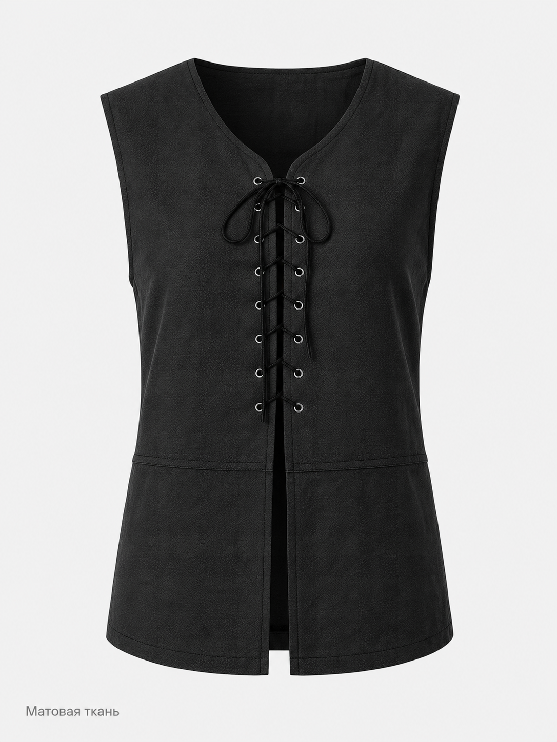 Black Long Lace-Up Vest with V-Neck