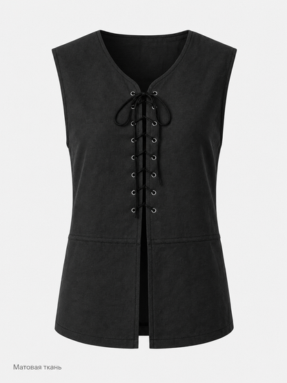 Black Long Lace-Up Vest with V-Neck