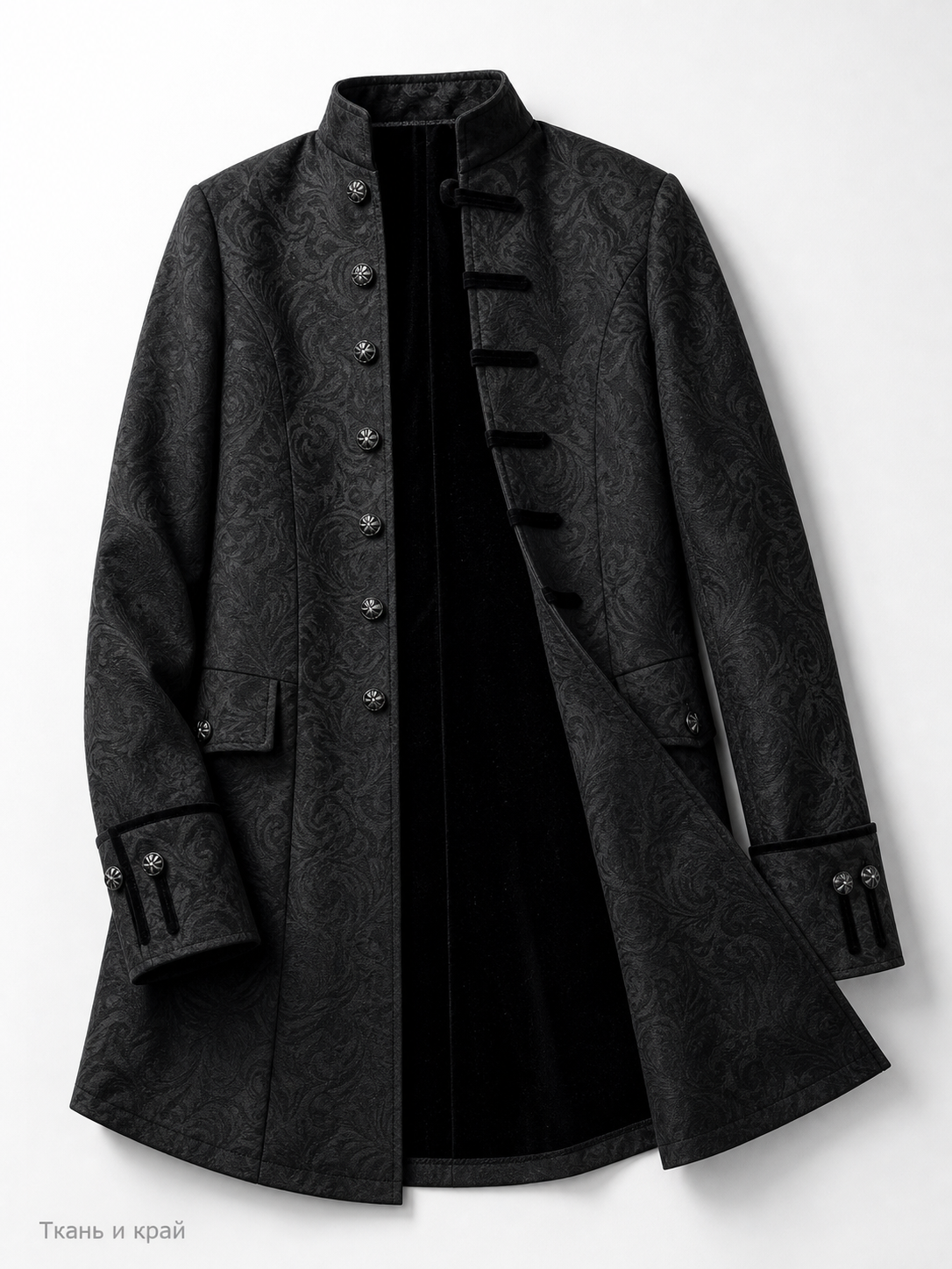 Long Black Jacquard Coat with Stand Collar