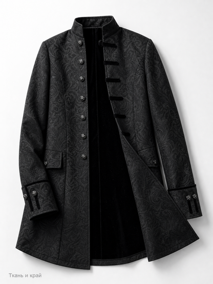 Long Black Jacquard Coat with Stand Collar