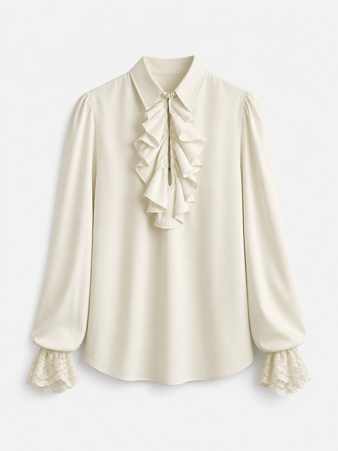 Cream Ruffled Blouse with Lace Cuffs