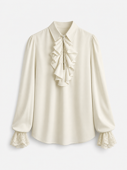 Cream Ruffled Blouse with Lace Cuffs