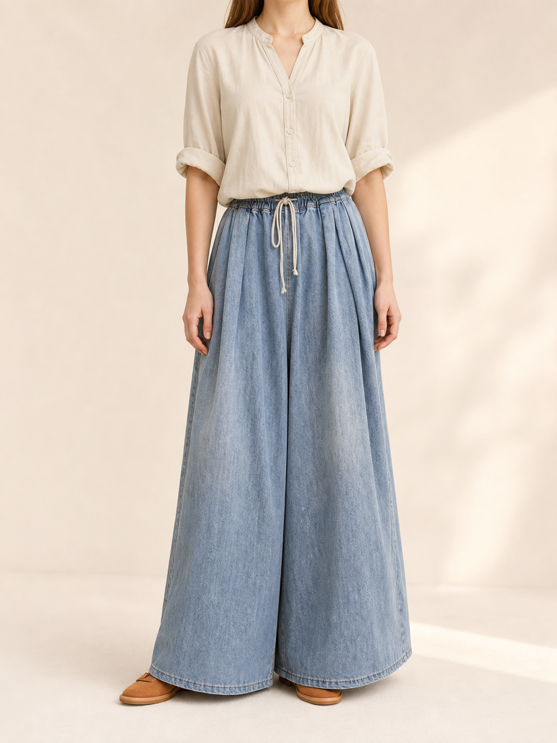 Light Blue Wide-Leg Jeans with Drawstring