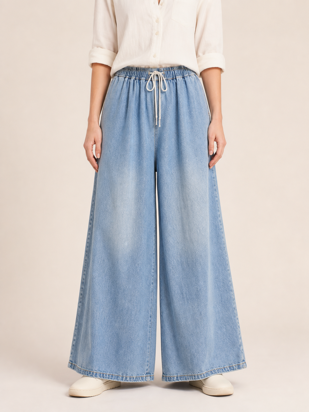 Light Blue Wide-Leg Pants with Drawstring and Pockets