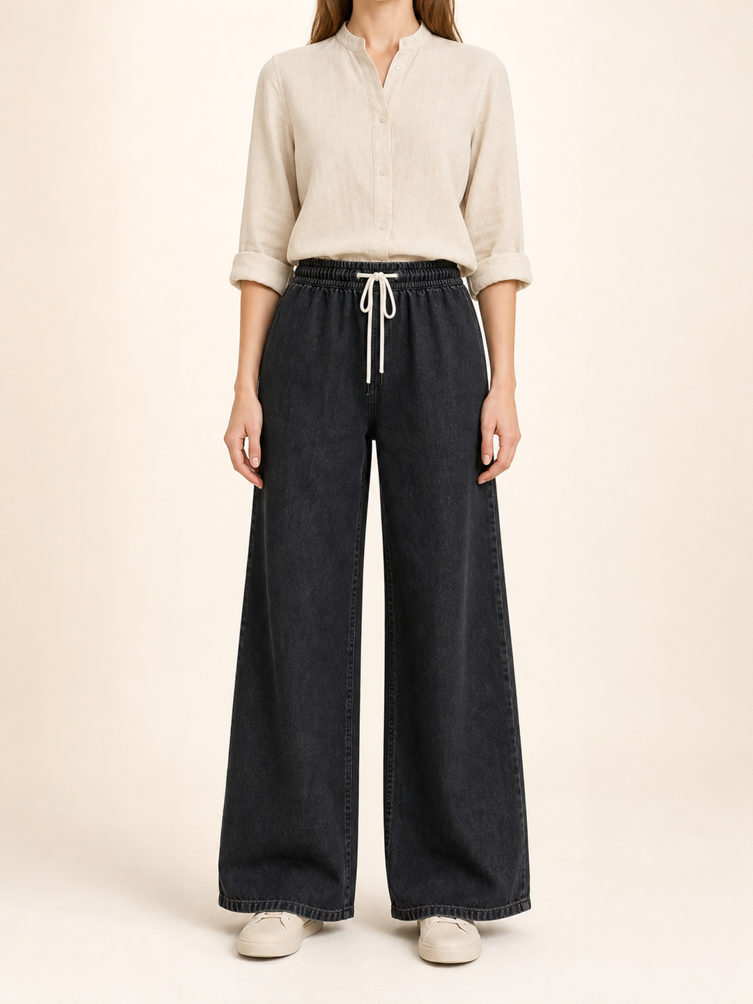 Wide Black Drawstring Pants with Pockets