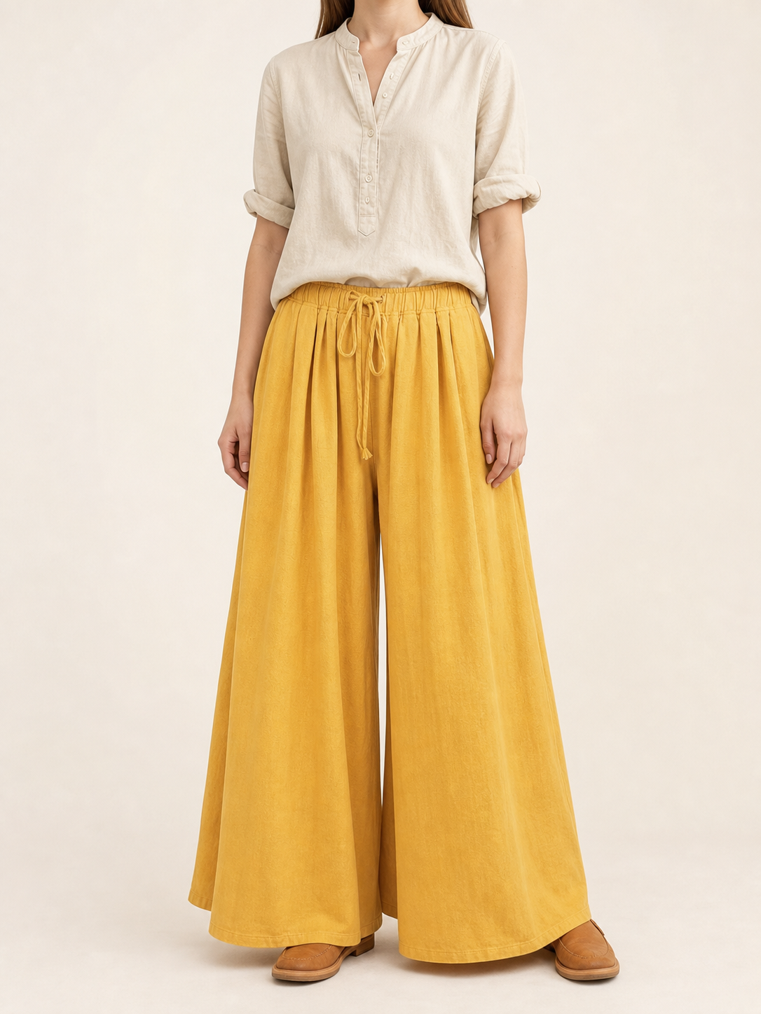 Wide-Leg Yellow High-Waisted Pants with Drawstring