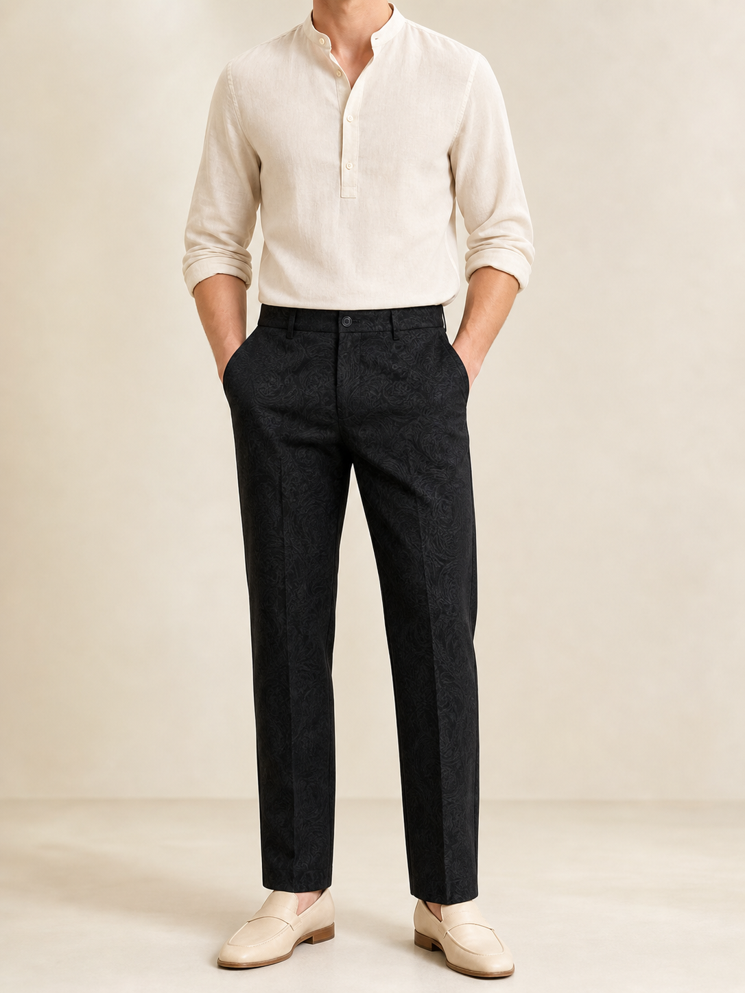 Men's Black Straight-Leg Jacquard Pants