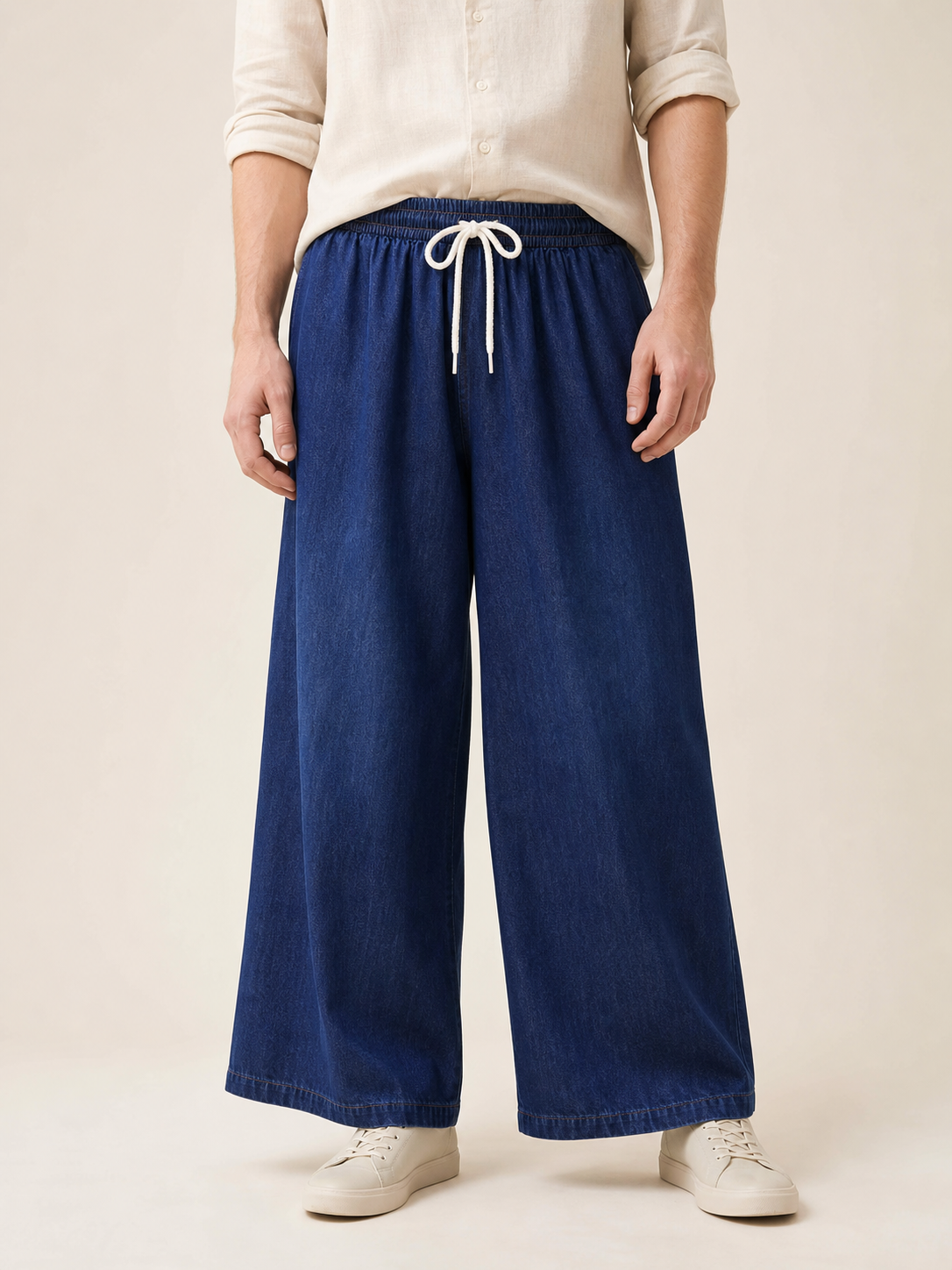 Wide-leg dark navy pants with drawstring