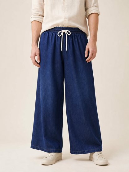 Wide-leg dark navy pants with drawstring
