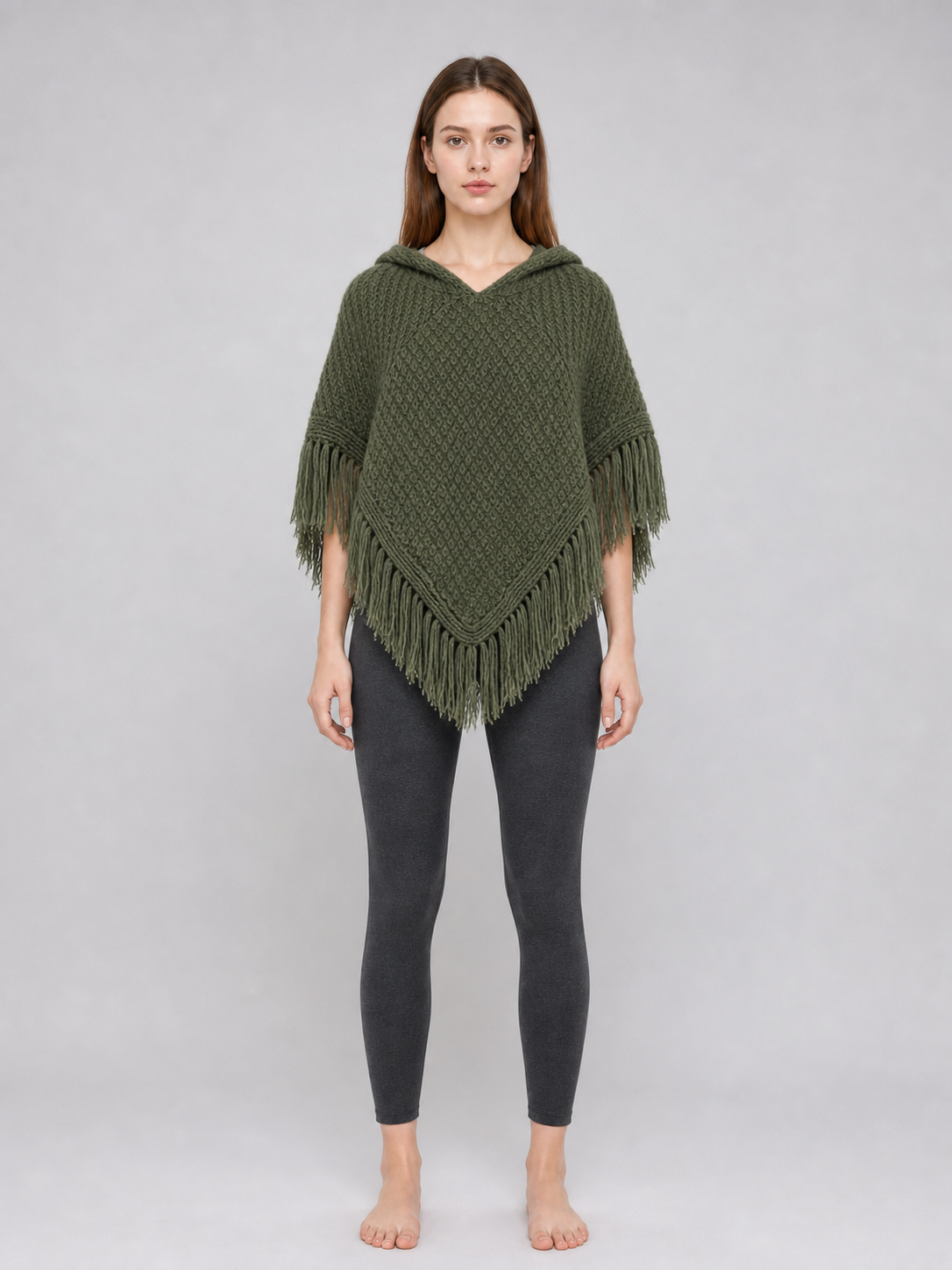 Triangular Hooded Poncho Cape with Belt