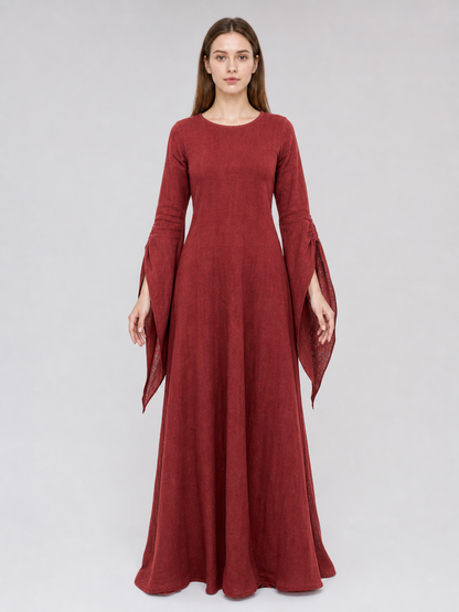 Burgundy Floor-Length Dress with Long Sleeves and Belt