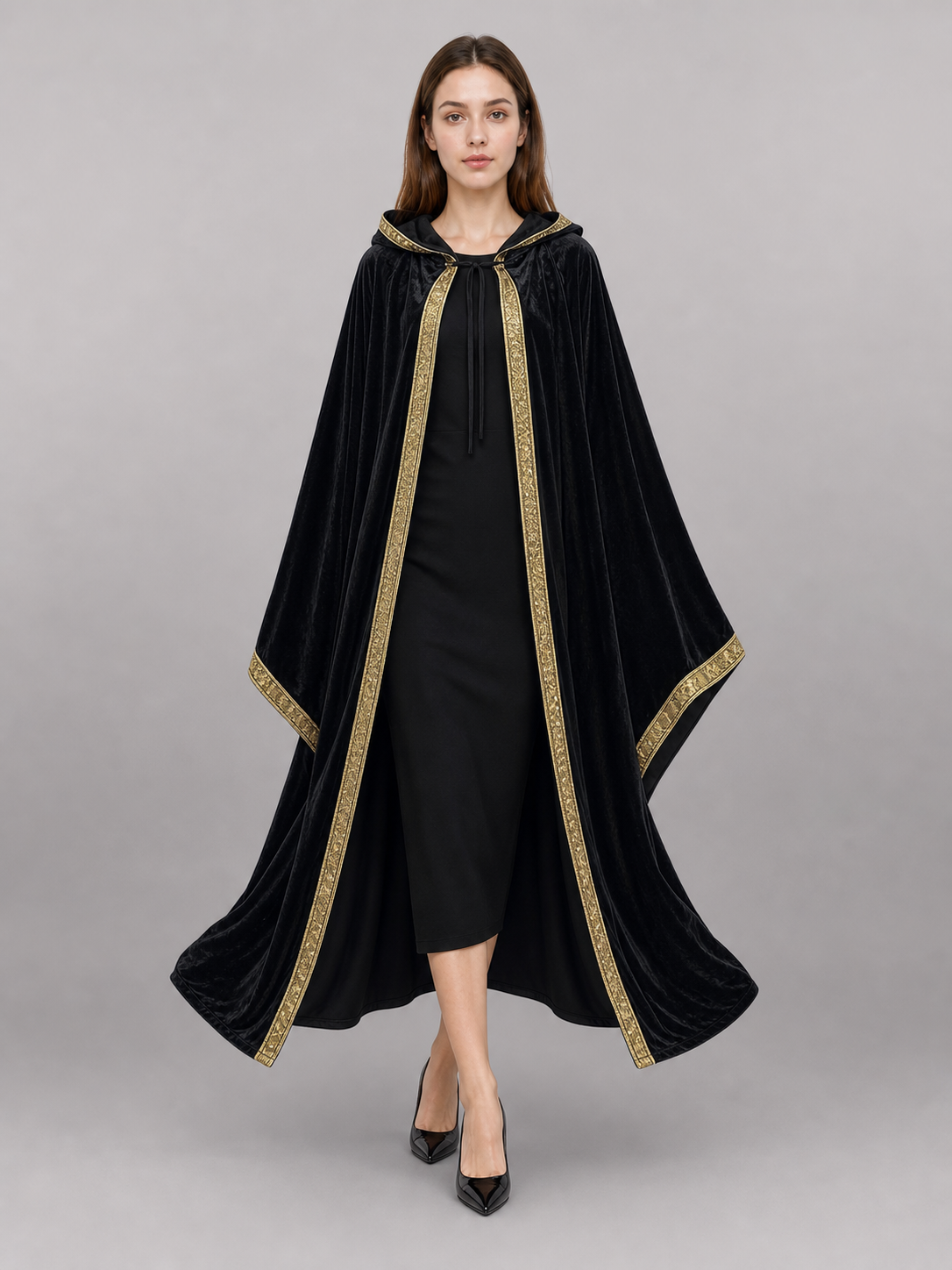 Black Carnival Cloak with Hood and Gold Trim